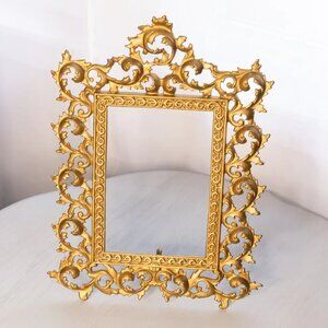 Ornate Large Gold Tone Metal Rectangular Standing Frame